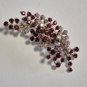 Elegant Red and AB Crystal with Gold-tone Accents Sparkly Leaf Brooch
